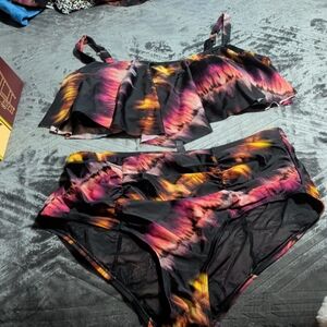 torrid Black Swim Bikini with Pink and Yellow Abstract Print